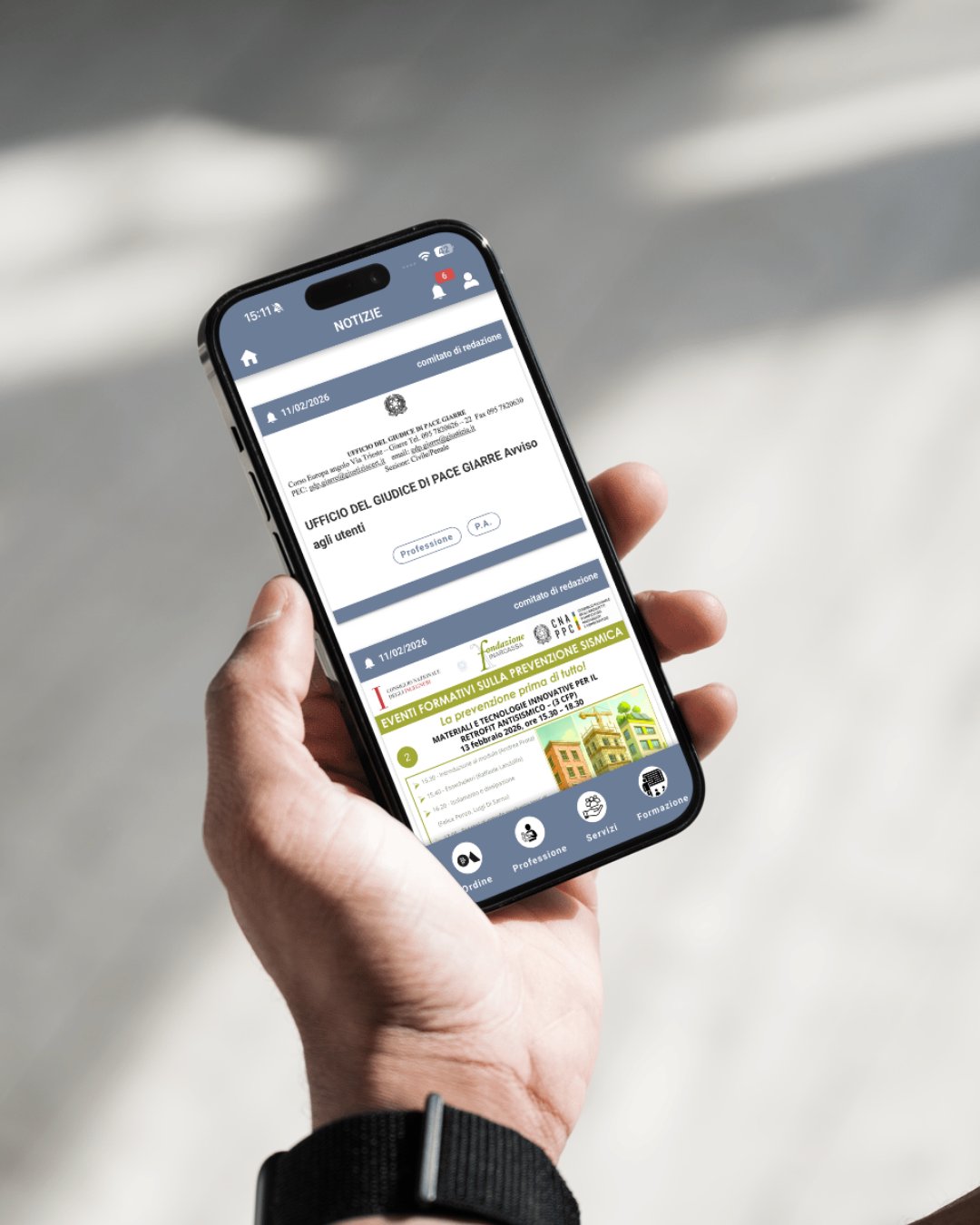 La sezione notizie dell'app con le comunicazioni ufficiali e gli eventi formativi